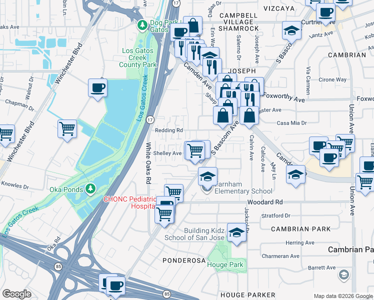 map of restaurants, bars, coffee shops, grocery stores, and more near 201 Shelley Avenue in Campbell