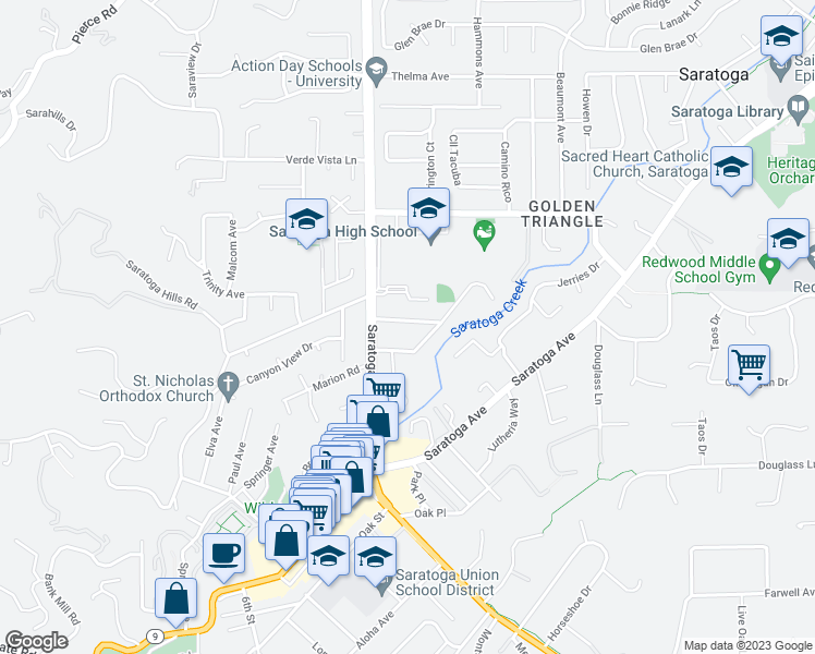 map of restaurants, bars, coffee shops, grocery stores, and more near 20426 Williams Avenue in Saratoga