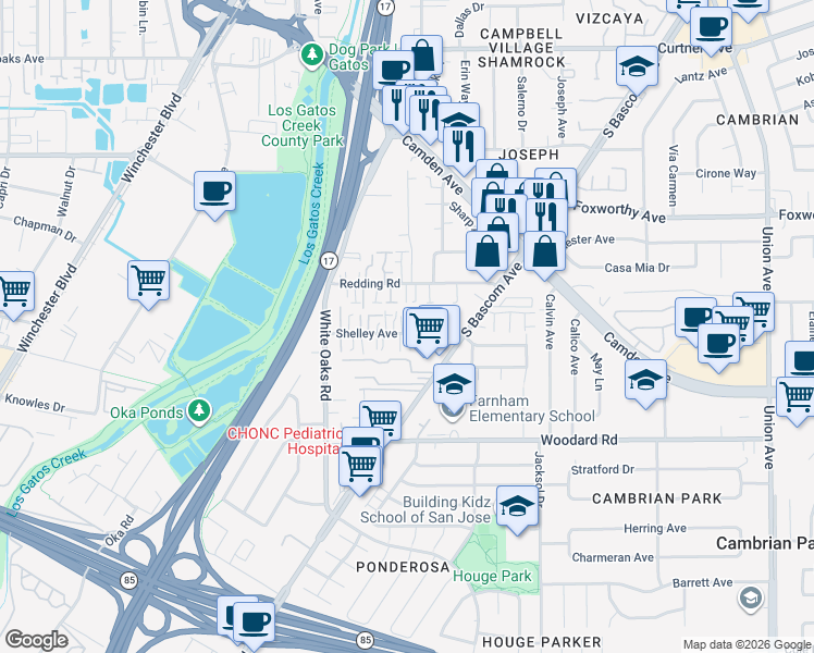 map of restaurants, bars, coffee shops, grocery stores, and more near 201 Shelley Avenue in Campbell