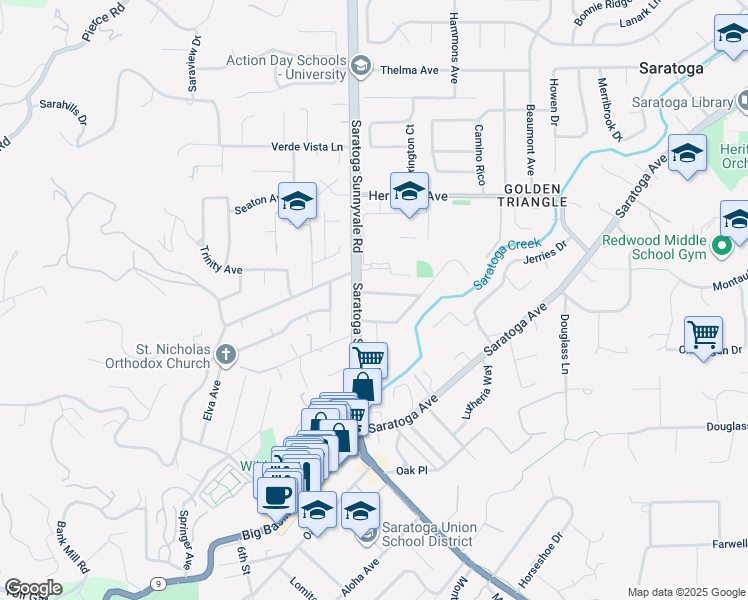 map of restaurants, bars, coffee shops, grocery stores, and more near 20460 Williams Avenue in Saratoga