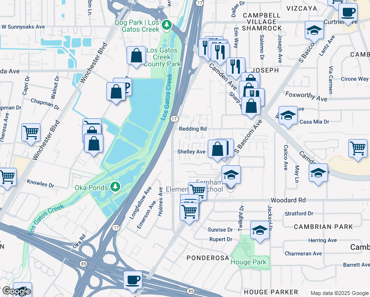map of restaurants, bars, coffee shops, grocery stores, and more near 77 Shelley Avenue in Campbell