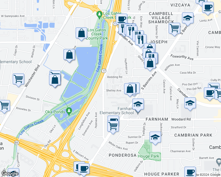 map of restaurants, bars, coffee shops, grocery stores, and more near 77 Shelley Avenue in Campbell