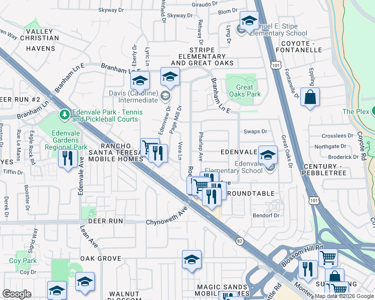 map of restaurants, bars, coffee shops, grocery stores, and more near 5138 Vera Lane in San Jose