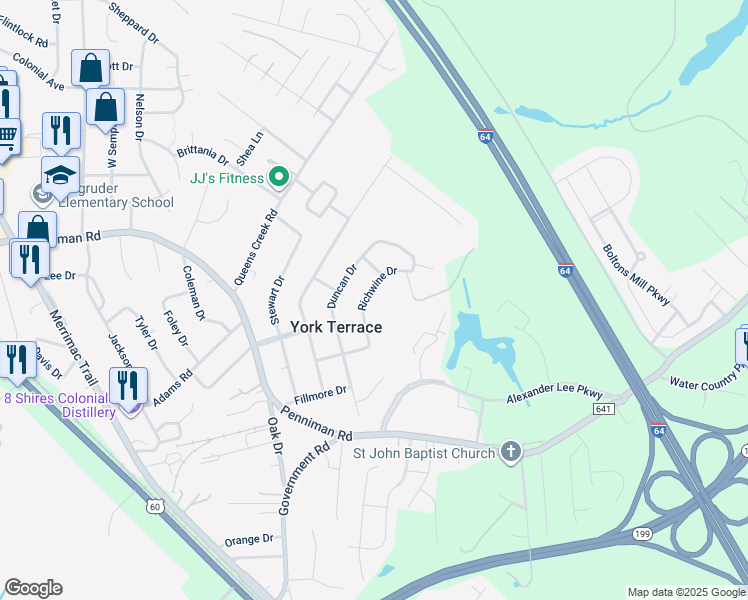 map of restaurants, bars, coffee shops, grocery stores, and more near 1184 Richwine Drive in Williamsburg
