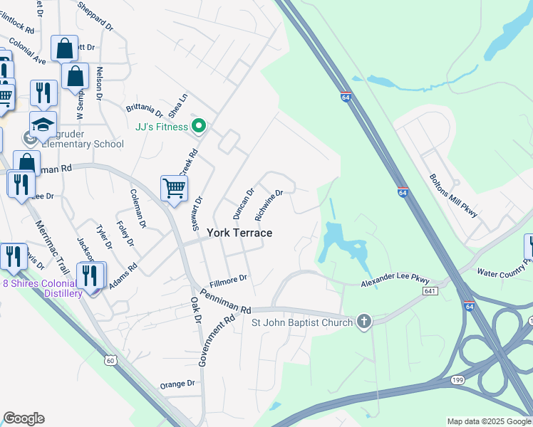 map of restaurants, bars, coffee shops, grocery stores, and more near 1184 Richwine Drive in Williamsburg