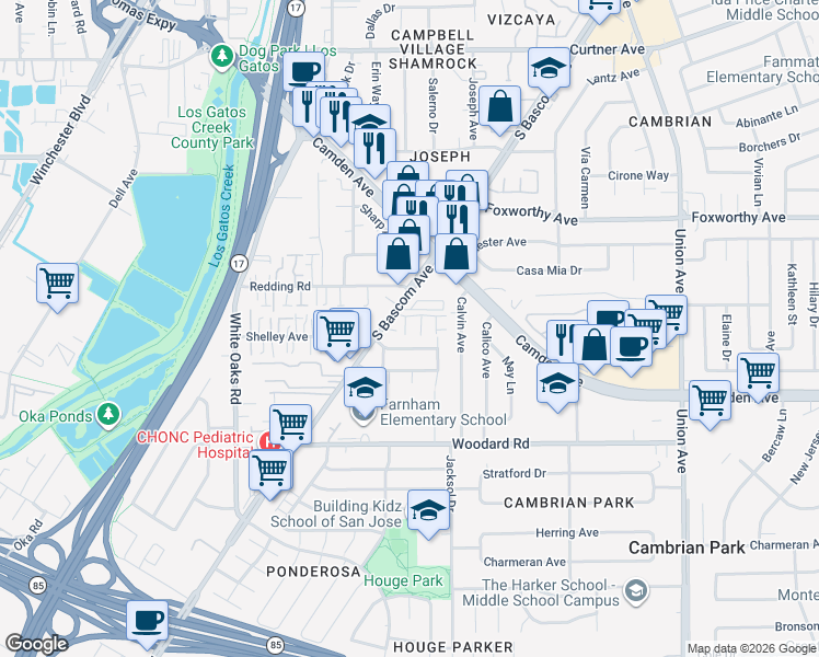 map of restaurants, bars, coffee shops, grocery stores, and more near 3268 South Bascom Avenue in San Jose