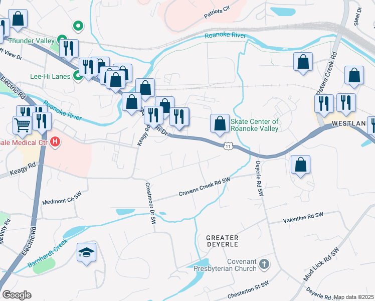 map of restaurants, bars, coffee shops, grocery stores, and more near 4107 Belle Aire Circle Southwest in Roanoke
