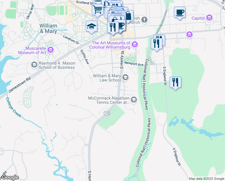 map of restaurants, bars, coffee shops, grocery stores, and more near 708 South Henry Street in Williamsburg