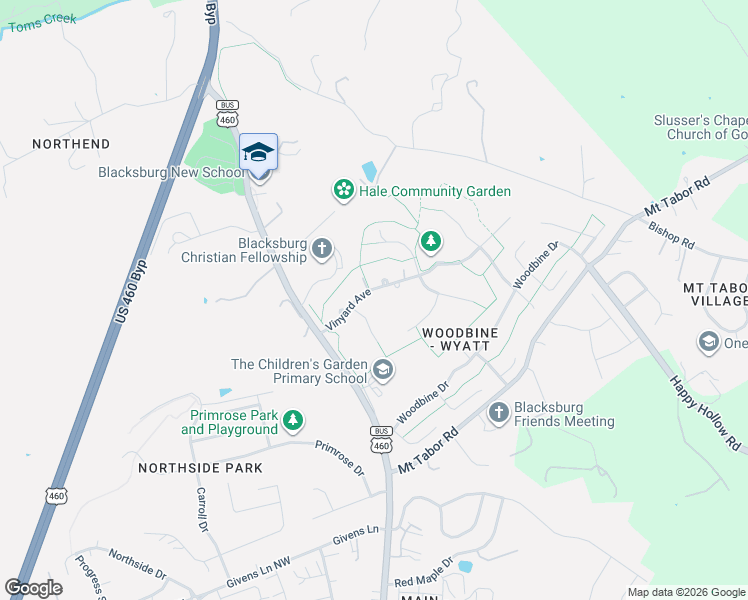 map of restaurants, bars, coffee shops, grocery stores, and more near 203 Vinyard Avenue in Blacksburg
