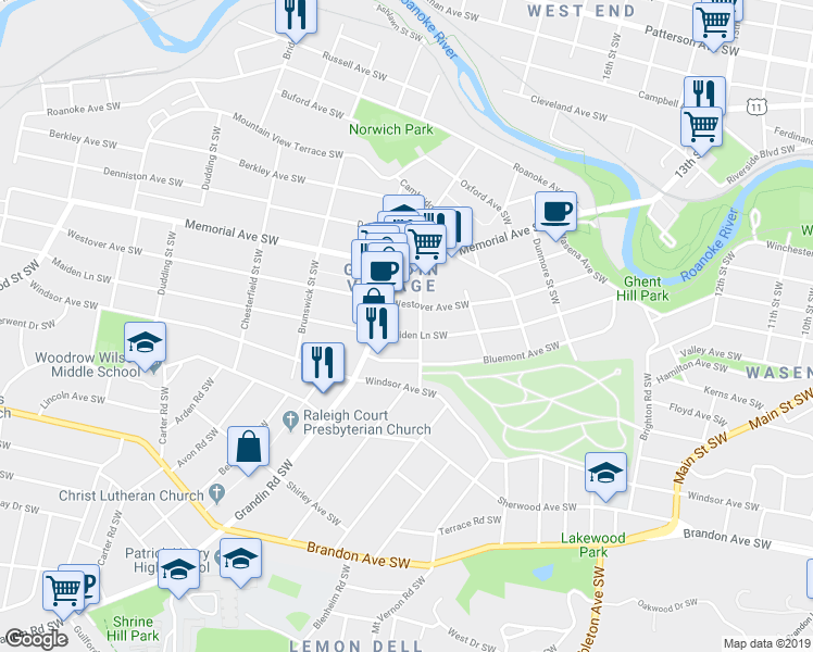 map of restaurants, bars, coffee shops, grocery stores, and more near 1909 Maiden Ln SW in Roanoke