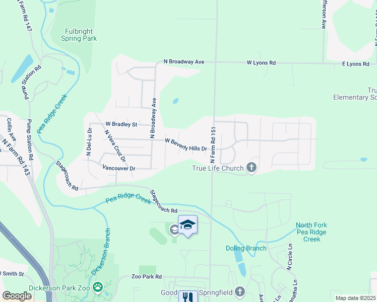 map of restaurants, bars, coffee shops, grocery stores, and more near 823-827 West Beverly Hills Drive in Springfield