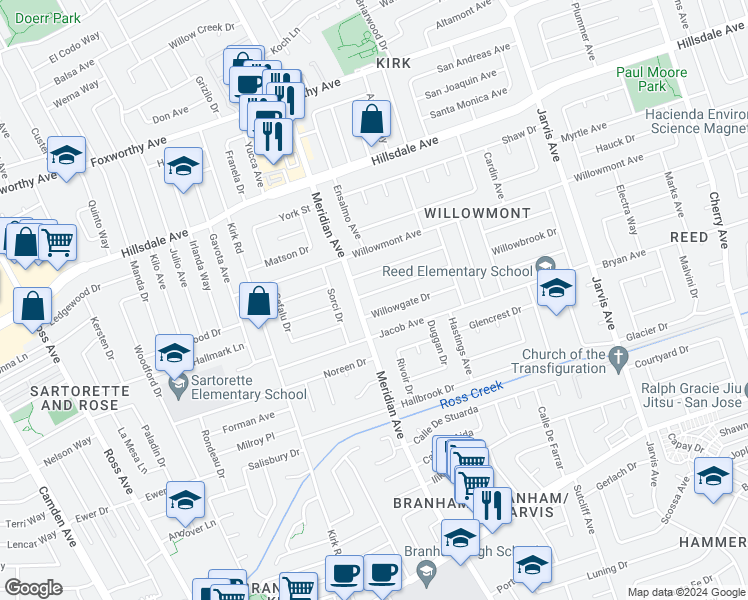 map of restaurants, bars, coffee shops, grocery stores, and more near 1610 Willowbrook Drive in San Jose