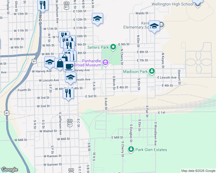map of restaurants, bars, coffee shops, grocery stores, and more near 500-598 E Lincoln Ave in Wellington
