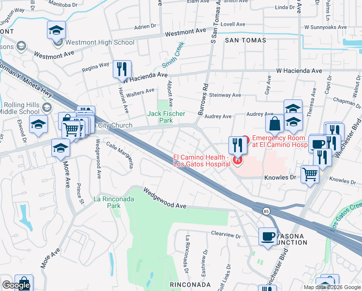 map of restaurants, bars, coffee shops, grocery stores, and more near 111 Abby Wood Court in Los Gatos