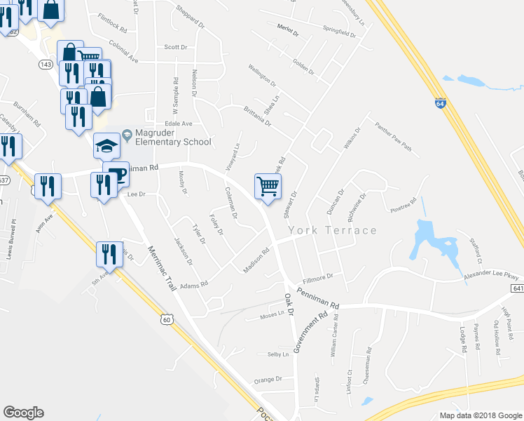 map of restaurants, bars, coffee shops, grocery stores, and more near 1099 Penniman Road in Williamsburg