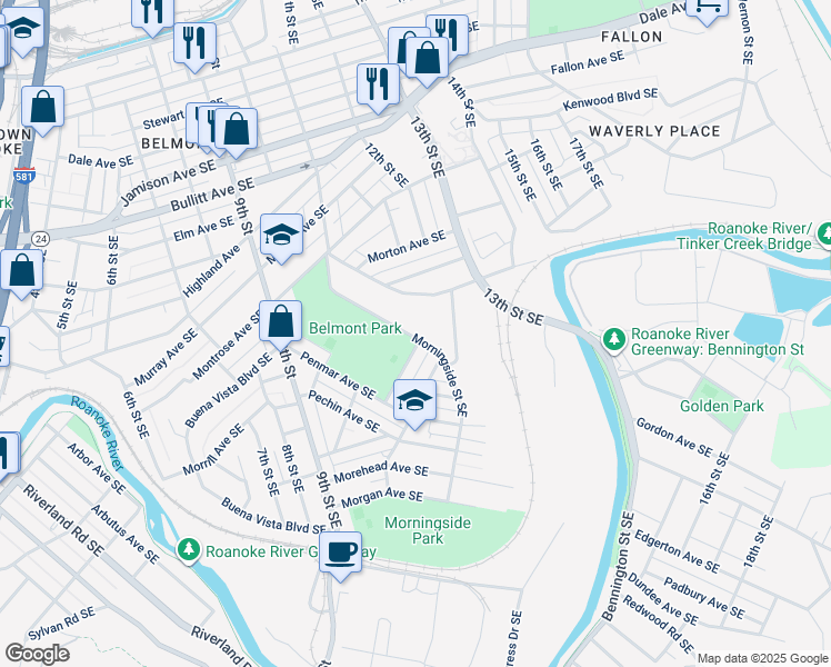 map of restaurants, bars, coffee shops, grocery stores, and more near 1356 Morningside Street Southeast in Roanoke