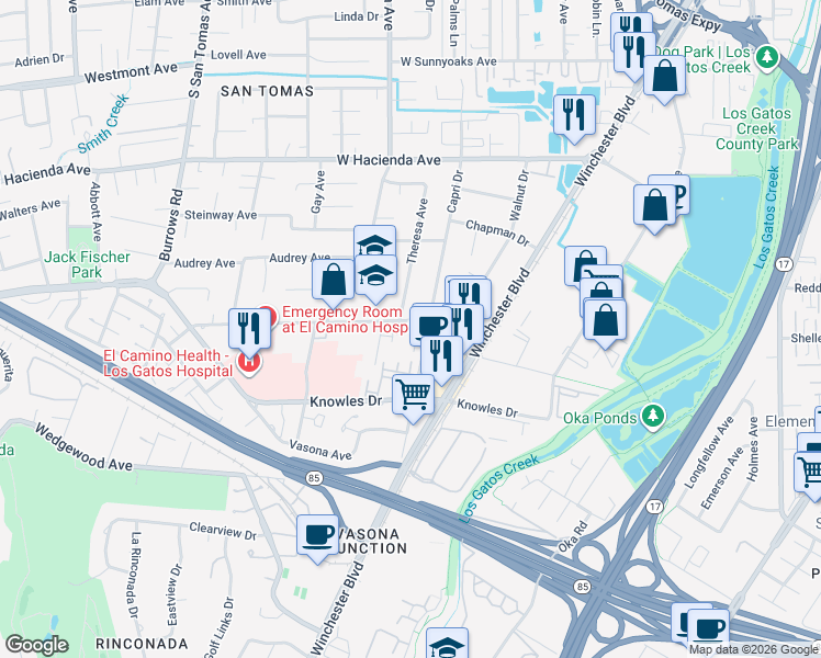 map of restaurants, bars, coffee shops, grocery stores, and more near 576 West Parr Avenue in Los Gatos