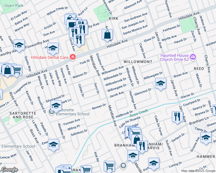 map of restaurants, bars, coffee shops, grocery stores, and more near 1610 Willowbrook Drive in San Jose
