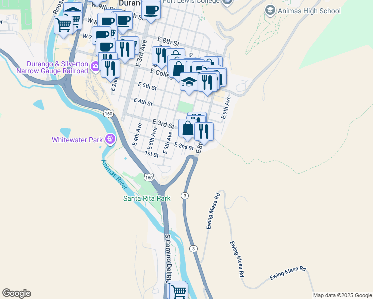map of restaurants, bars, coffee shops, grocery stores, and more near 225 East 8th Avenue in Durango