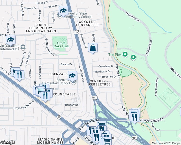 map of restaurants, bars, coffee shops, grocery stores, and more near 448 Sydenham Court in San Jose