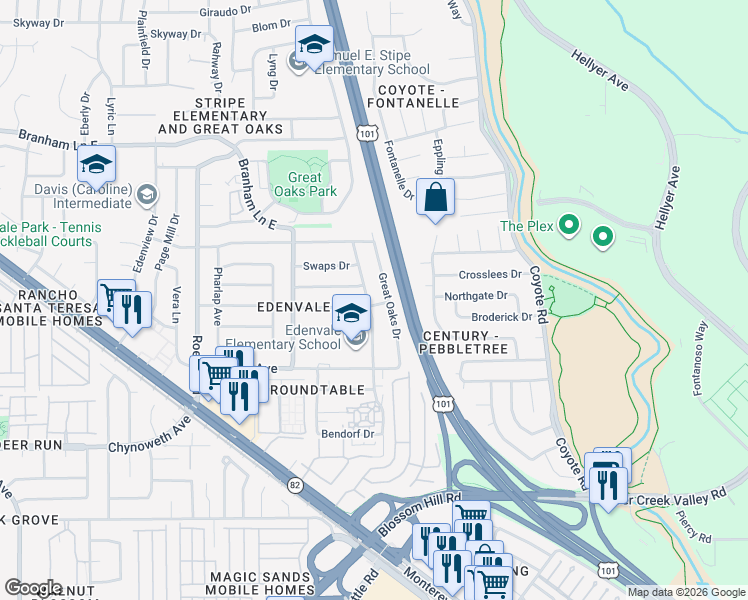 map of restaurants, bars, coffee shops, grocery stores, and more near 5245 Carryback Avenue in San Jose