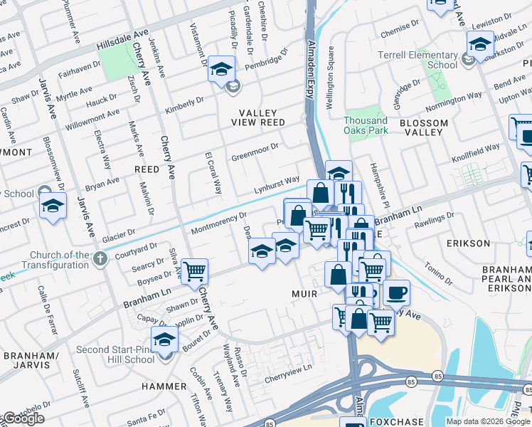 map of restaurants, bars, coffee shops, grocery stores, and more near 1187 Montmorency Drive in San Jose