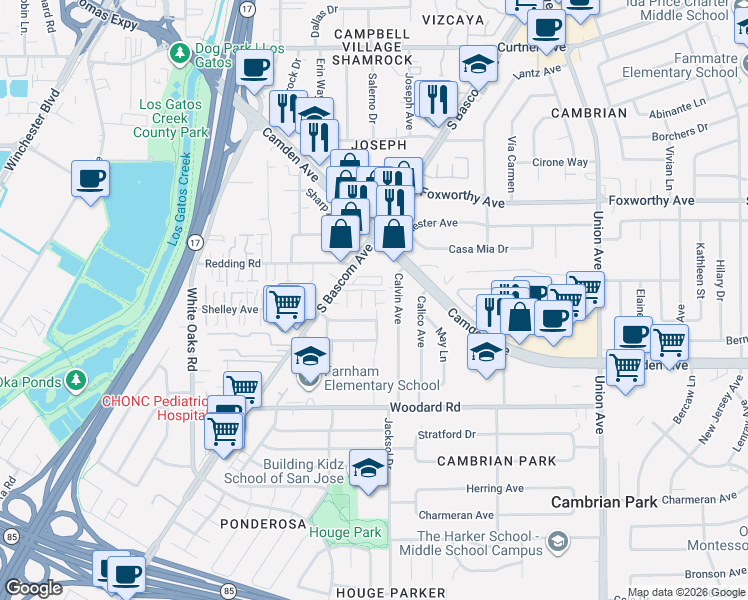 map of restaurants, bars, coffee shops, grocery stores, and more near 3240 South Bascom Avenue in San Jose