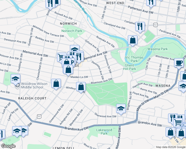 map of restaurants, bars, coffee shops, grocery stores, and more near 1801 Westover Avenue Southwest in Roanoke