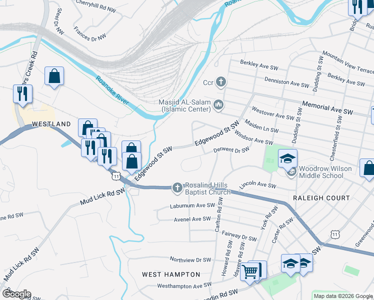 map of restaurants, bars, coffee shops, grocery stores, and more near 1802 Malvern Road Southwest in Roanoke