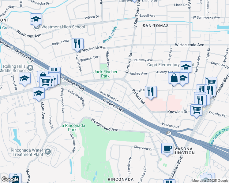 map of restaurants, bars, coffee shops, grocery stores, and more near 111 Abby Wood Court in Los Gatos