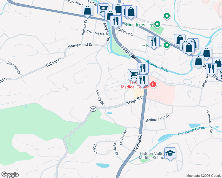 map of restaurants, bars, coffee shops, grocery stores, and more near 2423 Barnside Court in Salem