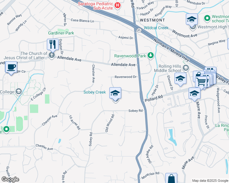 map of restaurants, bars, coffee shops, grocery stores, and more near 14114 Marilyn Lane in Saratoga