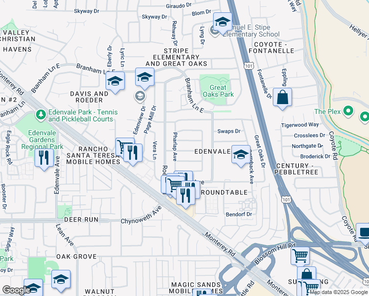 map of restaurants, bars, coffee shops, grocery stores, and more near 215 Whirlaway Drive in San Jose
