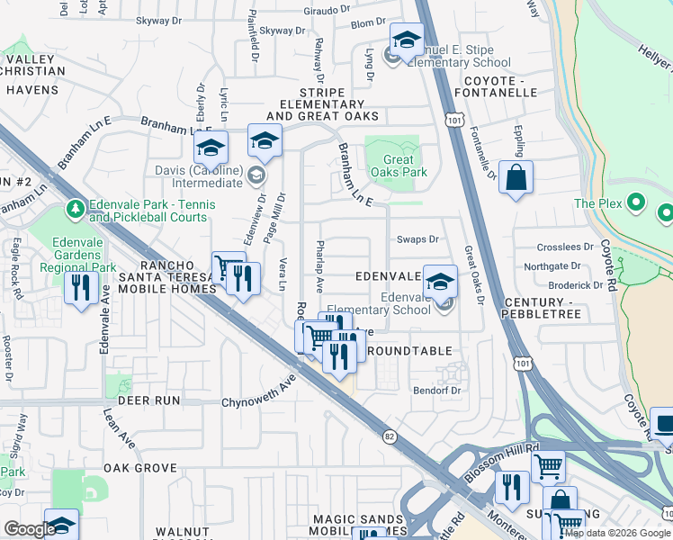 map of restaurants, bars, coffee shops, grocery stores, and more near 215 Whirlaway Drive in San Jose