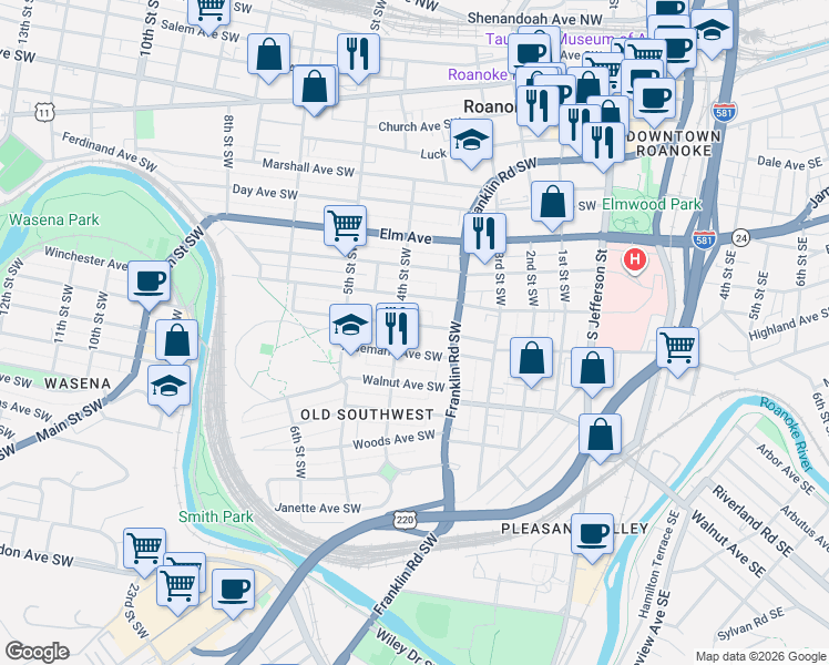 map of restaurants, bars, coffee shops, grocery stores, and more near 377 Washington Avenue Southwest in Roanoke