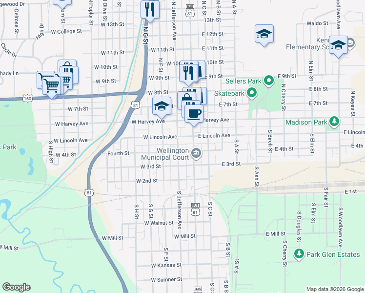map of restaurants, bars, coffee shops, grocery stores, and more near S Jefferson Ave South Jefferson Avenue in Wellington