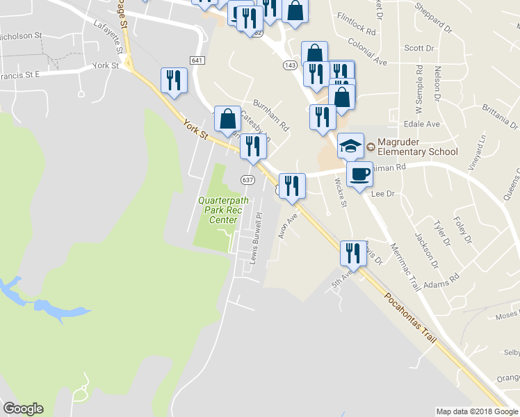 map of restaurants, bars, coffee shops, grocery stores, and more near 215 Lewis Burwell Place in Williamsburg