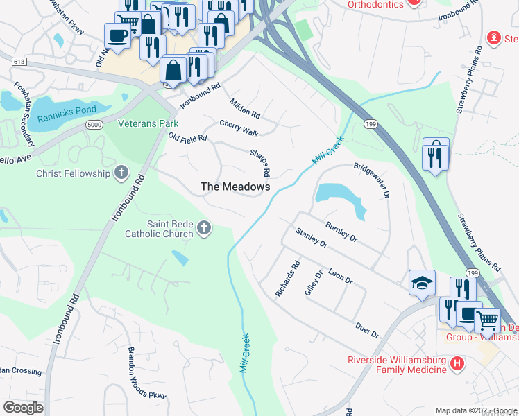 map of restaurants, bars, coffee shops, grocery stores, and more near 116 Sharps Road in Williamsburg