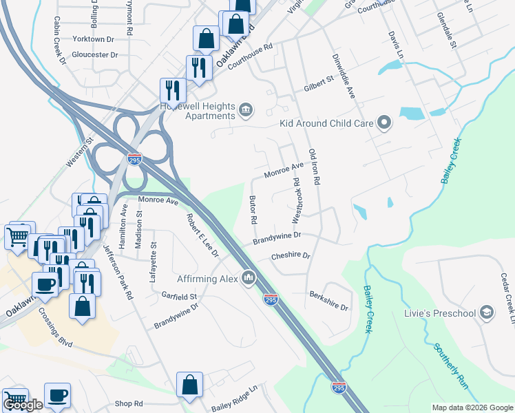 map of restaurants, bars, coffee shops, grocery stores, and more near 3511 Butor Road in Hopewell