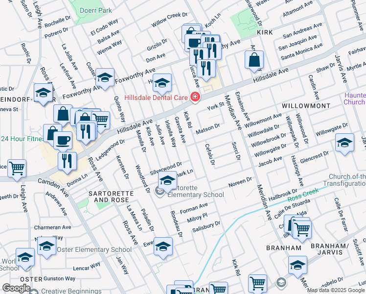 map of restaurants, bars, coffee shops, grocery stores, and more near 3603 Gavota Avenue in San Jose