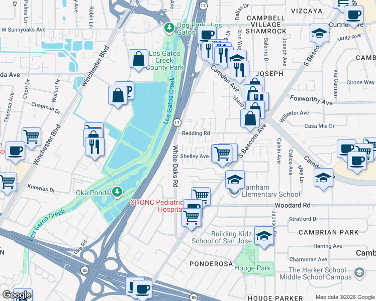 map of restaurants, bars, coffee shops, grocery stores, and more near 1606 White Oaks Road in Campbell