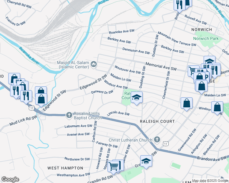 map of restaurants, bars, coffee shops, grocery stores, and more near 2516 Derwent Drive Southwest in Roanoke