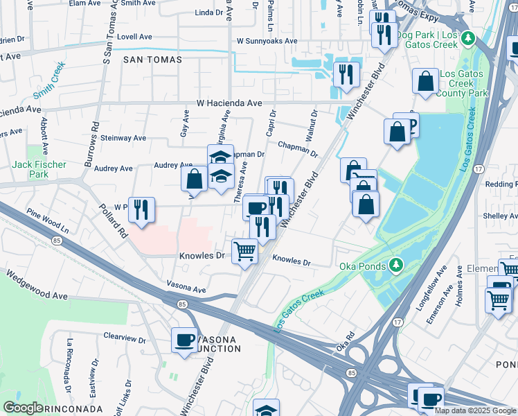 map of restaurants, bars, coffee shops, grocery stores, and more near 674 West Parr Avenue in Campbell