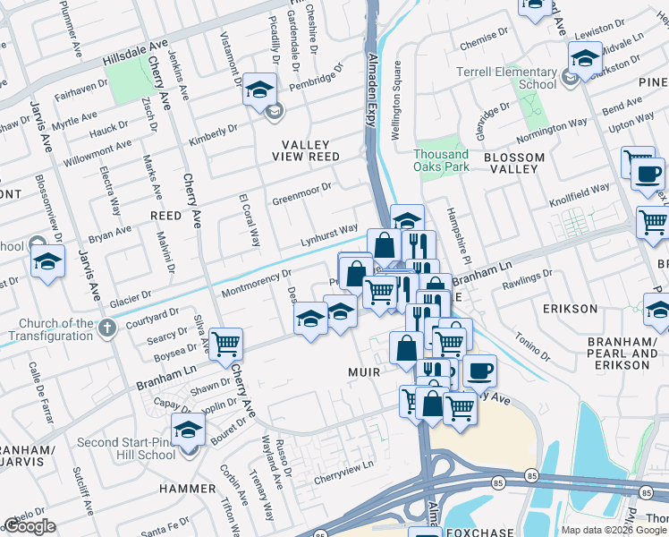 map of restaurants, bars, coffee shops, grocery stores, and more near 1187 Montmorency Drive in San Jose