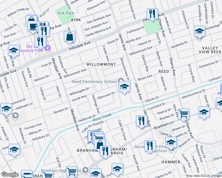 map of restaurants, bars, coffee shops, grocery stores, and more near 1539 Jacob Avenue in San Jose
