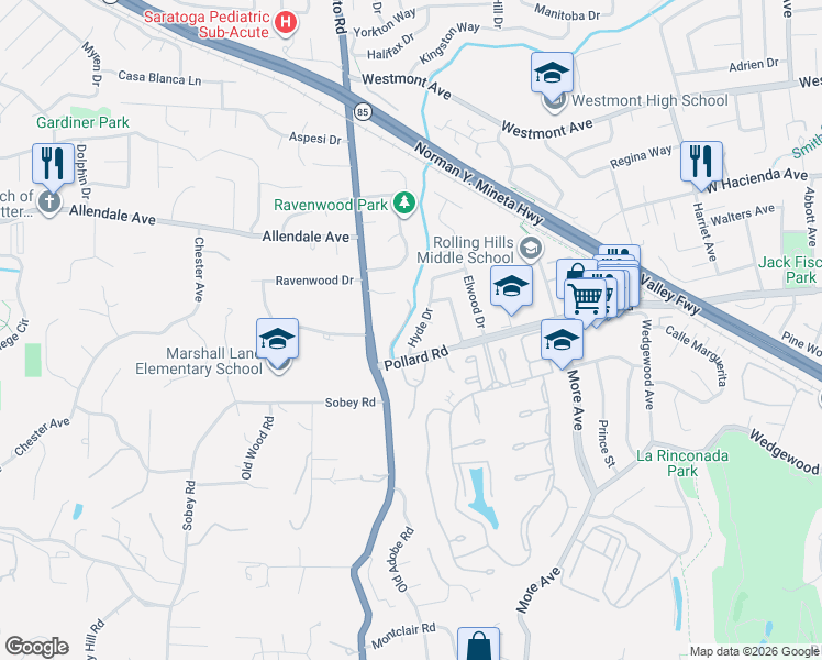 map of restaurants, bars, coffee shops, grocery stores, and more near 14076 Quito Road in Saratoga