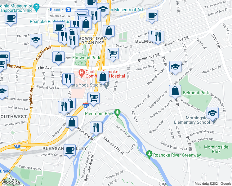 map of restaurants, bars, coffee shops, grocery stores, and more near 914-920 5th Street Southeast in Roanoke