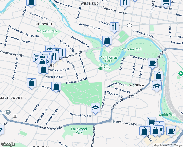 map of restaurants, bars, coffee shops, grocery stores, and more near 1537 Maiden Lane Southwest in Roanoke