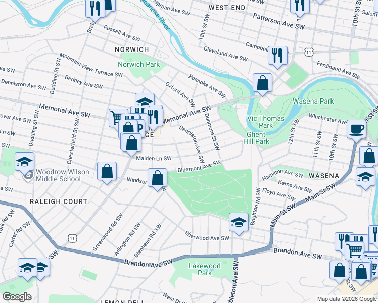 map of restaurants, bars, coffee shops, grocery stores, and more near 1708 Westover Avenue Southwest in Roanoke
