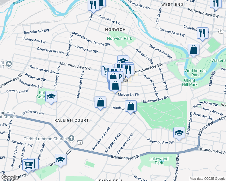 map of restaurants, bars, coffee shops, grocery stores, and more near 2024 Westover Avenue Southwest in Roanoke
